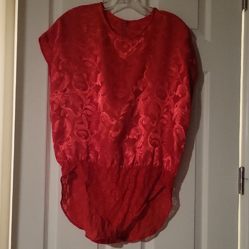 Chic Red Floral Women's Blouse/ Lingerie Teddy Bodysuit